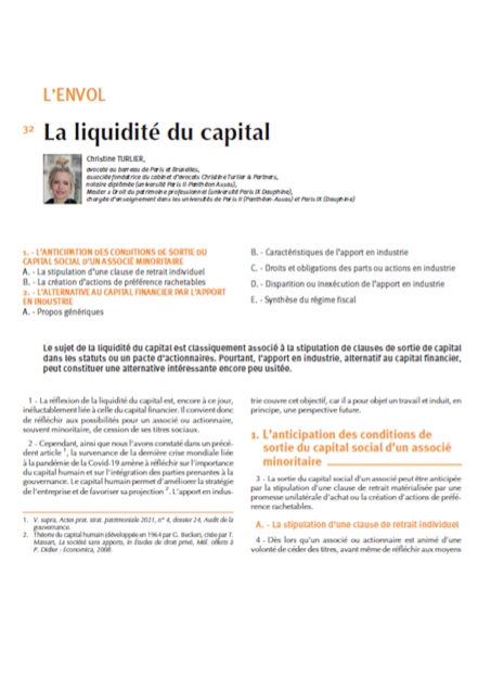 Liquidité du capital par Christine Turlier, avocat en Droit patrimonial